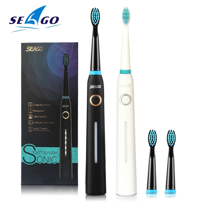 

SEAGO Sonic Electric Toothbrush USB Rechargeable With Adults 5 Replacement Heads For Gift Black Swift Start Timer Toothbrush