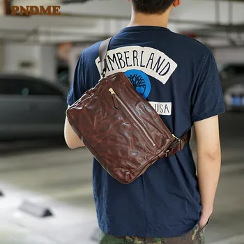 

PNDME fashion vintage luxury genuine leather men‘s’ messenger bag outdoor casual designer real cowhide pleated shoulder bag