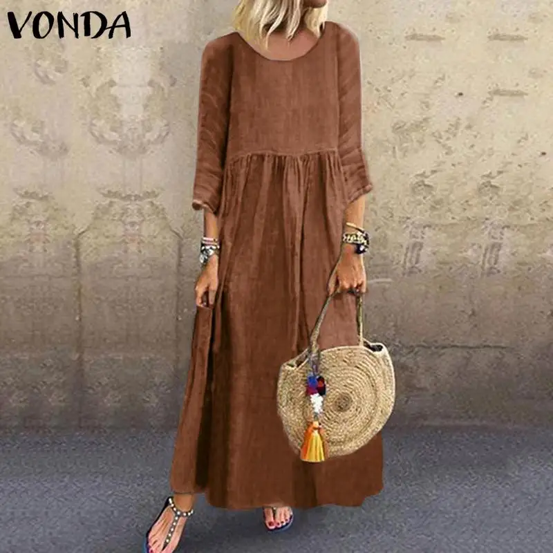 Женское пляжное платье VONDA однотонное длинное с круглым вырезом и рукавом 3/4