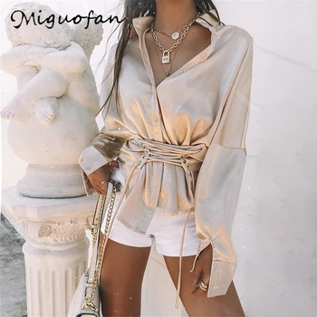 

Miguofan women solid shirts bandage satin blouse high waist vintage button blouse shirts long sleeve female tops blusas 2020 new