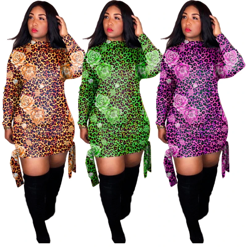 

Flower Floral Print Bodycon Bandage Dress Mini Ribbons Long Sleeve Leopard Robe Femme Plus Size Clothing Sexy Club Wear Midi