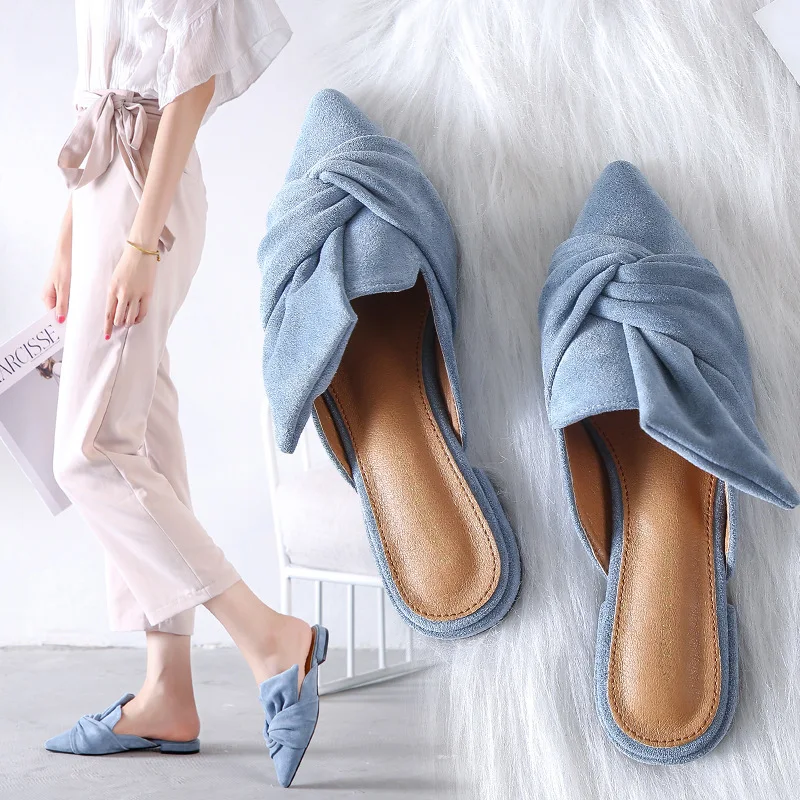

Women Slippers Flock Bowtie Female Mules Fashion Low Heels Shoes Pointed Toe Ladies Plus Size Elegant Woman Slipper