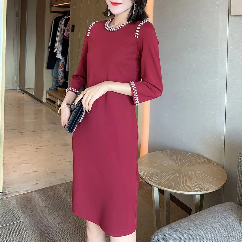

Spring / Summer 2020 New High Quality Short Sleeve Diamond Beaded Slim Fit Elegant Temperament Black Party Dress Women