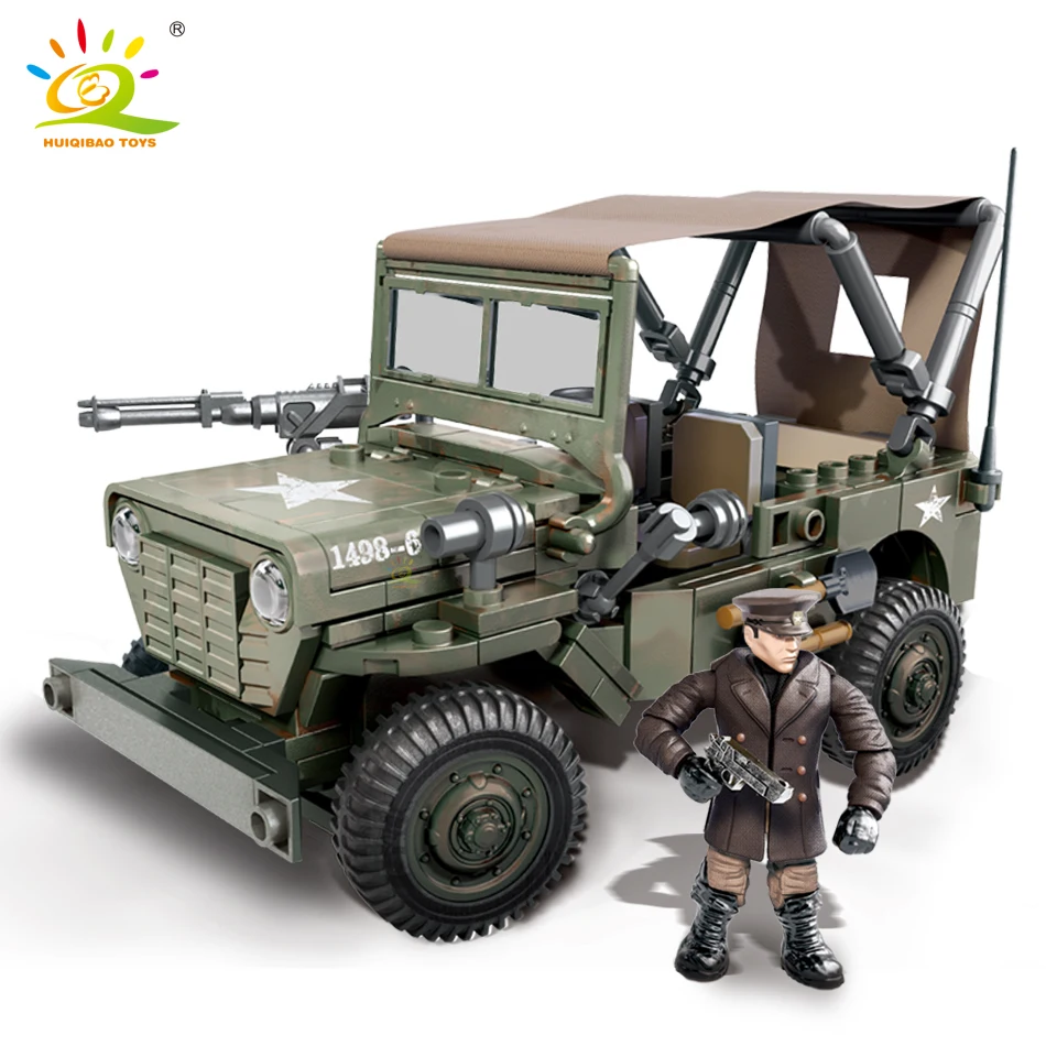 HUIQIBAO 475PCS WW2 Military Infantry Truck Building Blocks 2 Army Soldier with Weapon Car Vehicle Bricks Toys For Children Boy