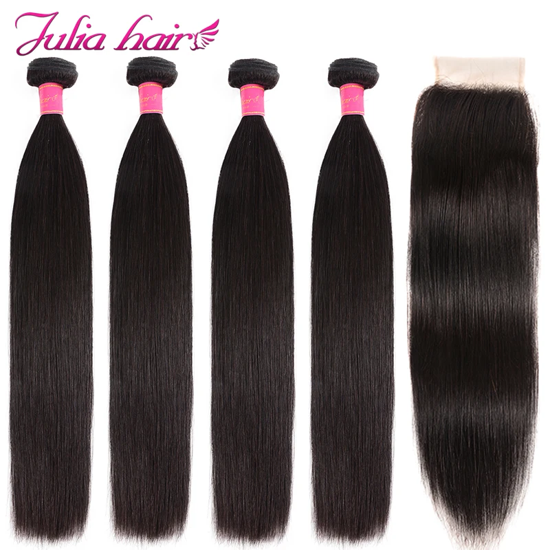 

Ali Julia Peruvian Straight Human Hair Weave Bundles With Closure 4 Bundles & 1 Lace Closure Free/ Middle/Three Part Remy Weft