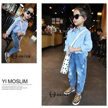 Осенняя одежда джинсы для девочек среднего и маленького размера повседневные джинсы в Корейском стиле с дырками в западном стиле