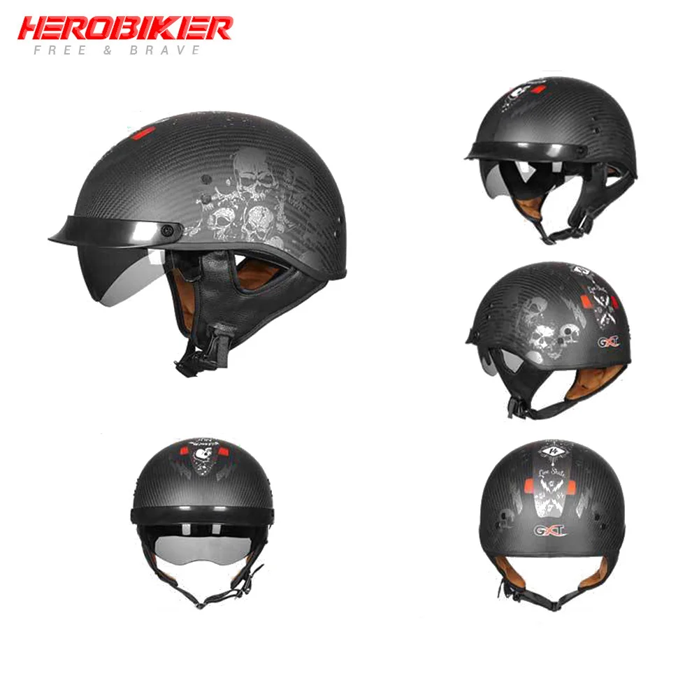HEROBIKER карбоновый мотоциклетный шлем Ретро Скутер крушение Мото шлем половина лица шлем Байкер мотоциклетный шлем с козырьком - Цвет: GXT-G510-07