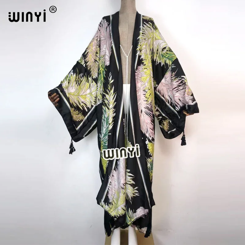 Kuwait Autumn  Women Cardigan Loose Long Dress Cocktail Party Boho Maxi African Holiday Batwing Sleeve Silk Traf  Robe Kimono
