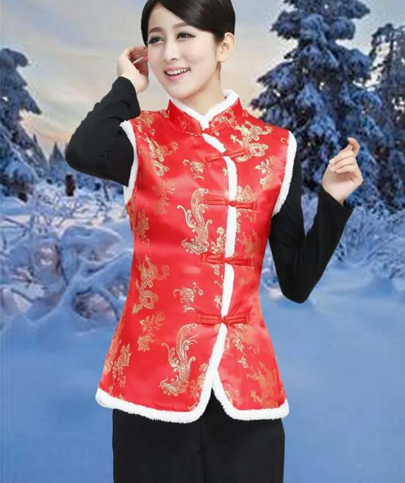 Chinese Traditional Women Cotton Vest Autumn Winter Jacket Satin Tang Suit Ladies Casual Red Keep Warm Clothes Women Chinese Shirt Women Cheongsam Waistcoat
