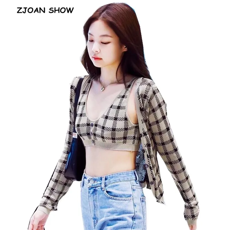 Best Price 1 set 2019 Autumn Korea Style Vintage Check Gingham Plaid Cardigan V neck Single-breasted Button Tank Top Knitted Sweater Jumper