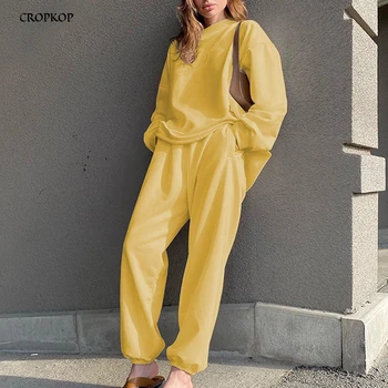

Two Peice Matching Set Women Autumn Winter Trendy Casual Loose Long Sleeve White Pants Suit Outfits 2020 Fall Clothes For Women