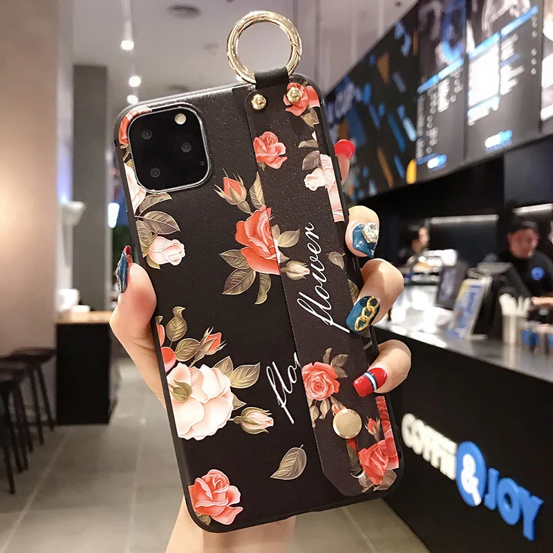 Style 20 Чехлы для телефонов с розами и ремешком на запястье для iphone 11 pro MAX X XR XS MAX 7 8 6 6s Plus, чехлы с ремешком на руку, мягкие ТПУ рельефные чехлы - Цвет: Style 20
