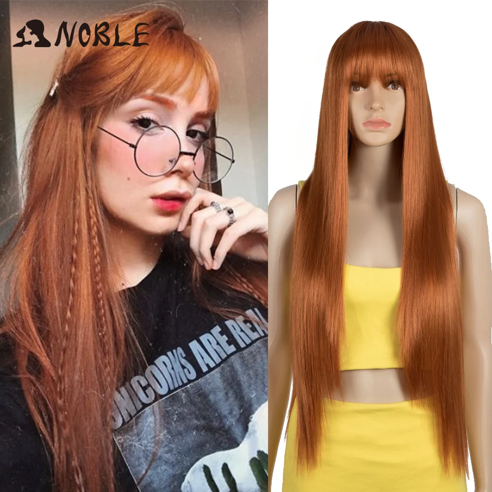 Noble Wig With Bangs Long Straight Wig Orange Wig Colored Wig Wigs For Women Cosplay Wig Heat Resistant For Women Synthetic Wig