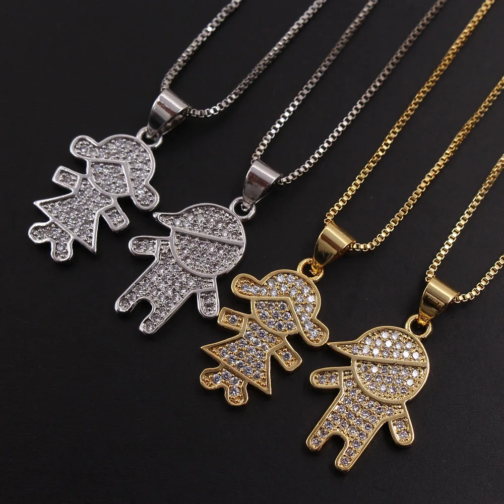 

MHS.SUN Cute Design Boy And Girl Pendant Necklace Mosaic AAA CZ Chain Necklace For Women Valentine's Day Jewelry