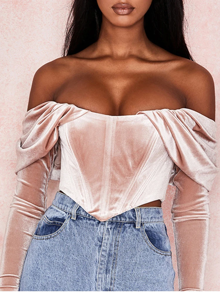 NewAsia Boning Corset Shirt Velvet Blouse Women Autumn Vintage Long Sleeve Ruched Off Shoulder Corset Tops Ladies Sexy Shirt New