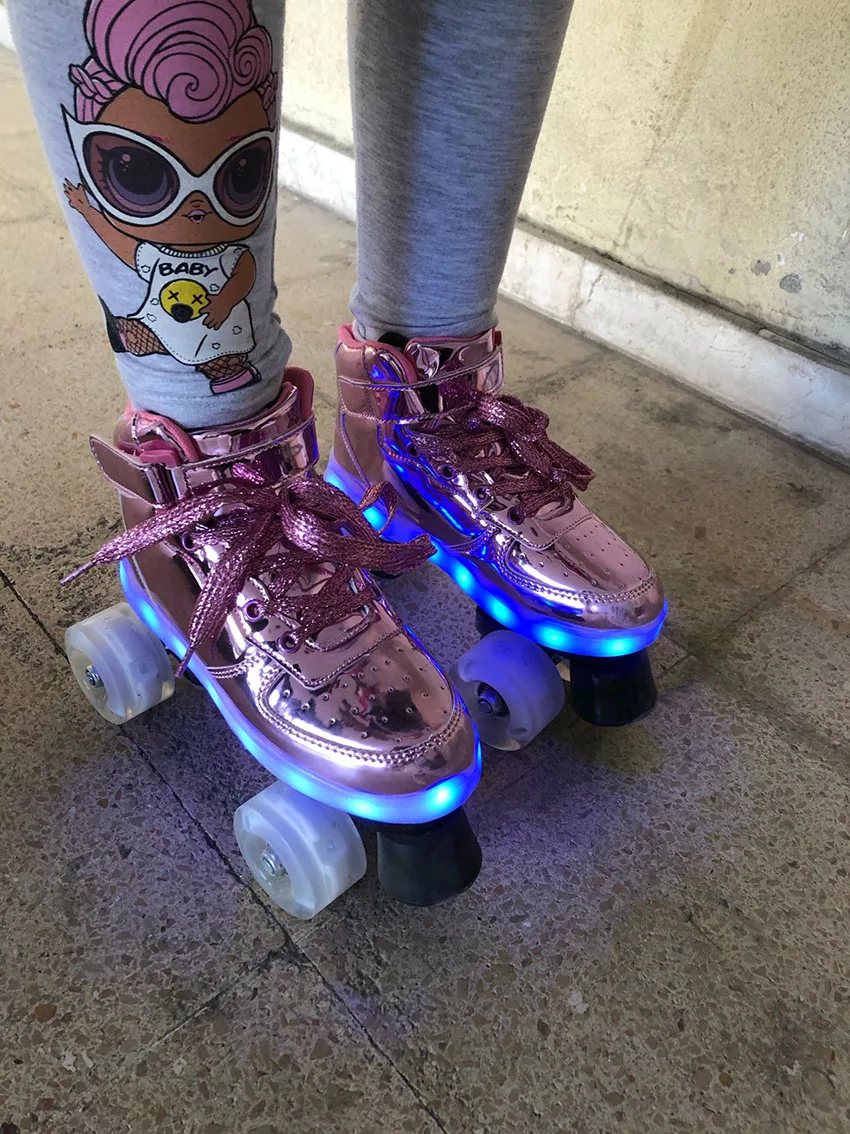 Led Rechargeable Flash Roller Skates Adult Double Row Pulley Shoes Men Women Patines 4-Wheel PU Children Luminous Skating Shoes 3