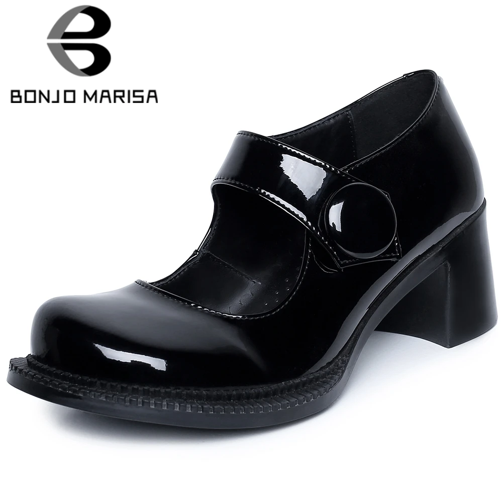 

BONJOMARISA New Ladies Brand Spring Mary Janes Pumps Fashion Black Patent Genuine Leather Pumps Women High Hoof Heel Shoes Woman