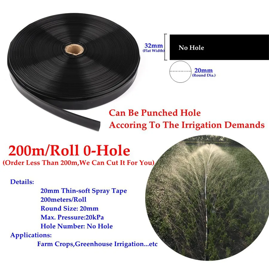 No Hole Tape 100 м~ 5 м 3/" Φ20 мм тонкая-мягкая распылительная лента для сельскохозяйственных культур, шланг для микроорошения, распылительная капельная лента для полива овощей, гибкая водопроводная трубка - Цвет: No Hole Tape