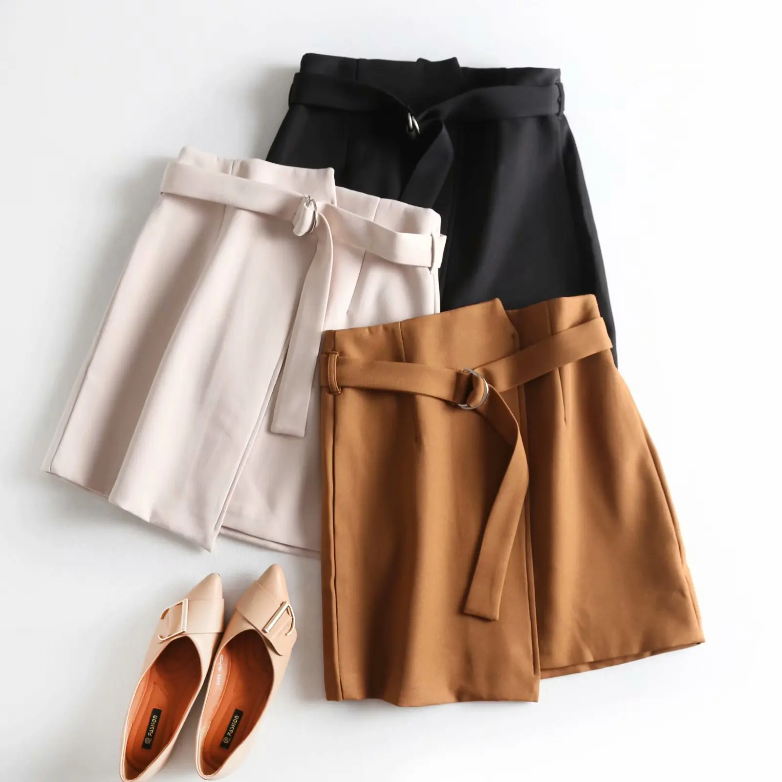 

Y2102-c099 nv zhuang qun Autumn 2018 Pure Three-Color Joint High-waisted Button Belt Irregular Half-length Short Skirt