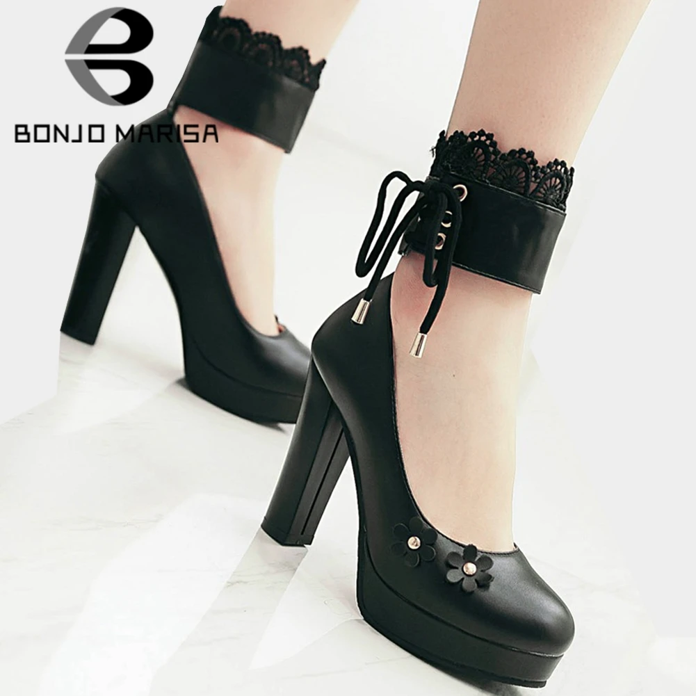 

BONJOMARISA 32-43 Ladies Spring Sweet Flower Date Pumps Fashion Lace Ankle Strap Pumps Women High Heels Platform Shoes Woman