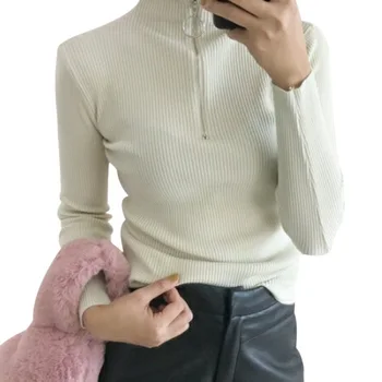 

New Turtleneck Long Sleeve Sweater Skinny Elastic Solid Knitted Sweater Pullover Zipper Autumn Fashion Silm Female Short Tops