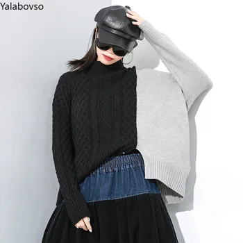 

Winter new stitching pullover sweater size irregular batwing sleeve shirt korean sweater color patchwork turtleneck sweater
