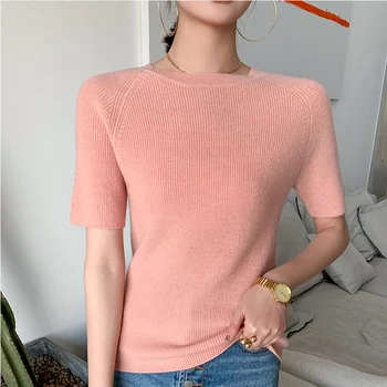 

Spring and summer new 100% pure sweater women's round neck thin section short-sleeved fashion wild Slim knitted pullover T-shirt