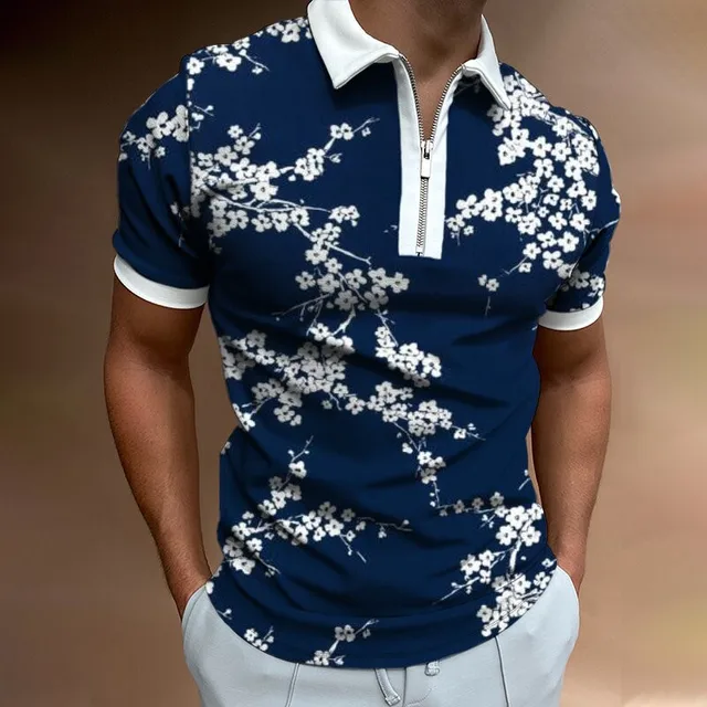 Shirt Fashion Striped Patchwork Short Sleeve Tops For Men Casual Turn-down Collar Zip-up Polo Shirts 2021 Summer Men's Slim Polo PLS-24