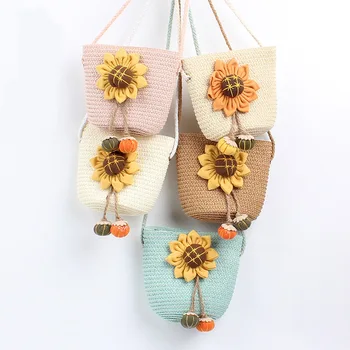 

2020 Fashion Summer Children Girls Shoulder Bag sunflower Straw Messenger Bag Kids Keys Coin Purse Cute Princess Mini Handbag