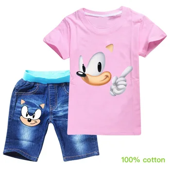 

Tracksuits 2020 Fashion Sonic The Hedgehog Boys TShirt Denim Shorts Cotton Short Sleve Girl Set Baby T-Shirt Clothes