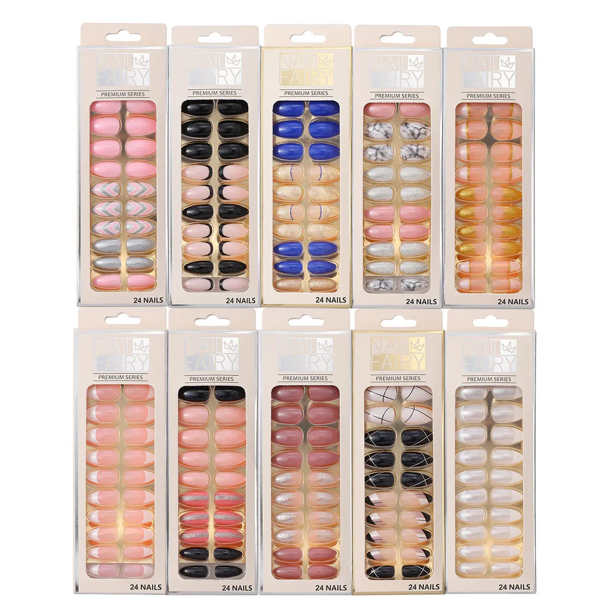 24PCS/box Loose Powder Jump Color Ballet Med-Length Fake Nails Gradient Aurora Marble Press on Full Cover Wearing Wearable Nails