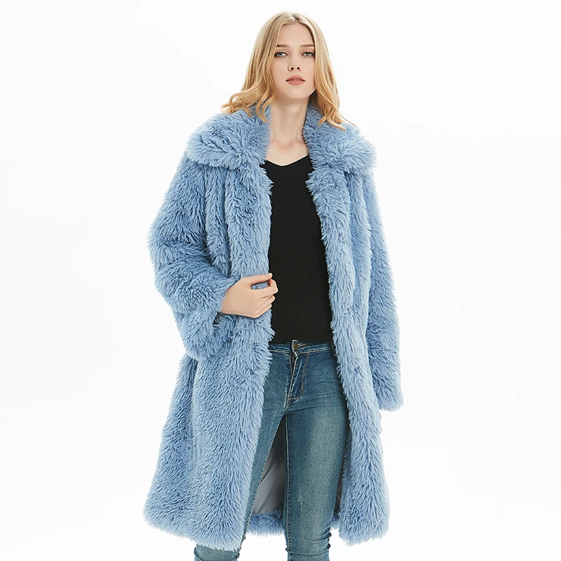 

2019 new women fashion long faux fur coat turn-down collar thick oversized coat