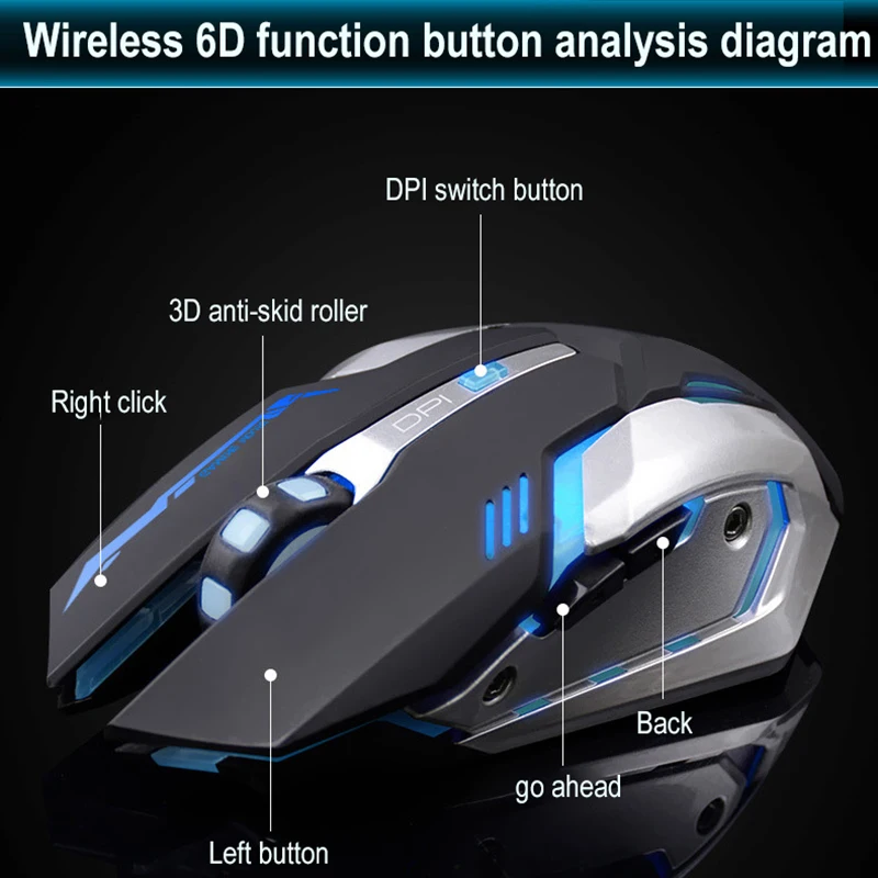 D9 Беспроводной Мышь Профессиональный 6 кнопок игровой Мышь 2000 Точек на дюйм, 7 цветов, Подсветка дыхание Удобная офисная мышей для настольных ПК