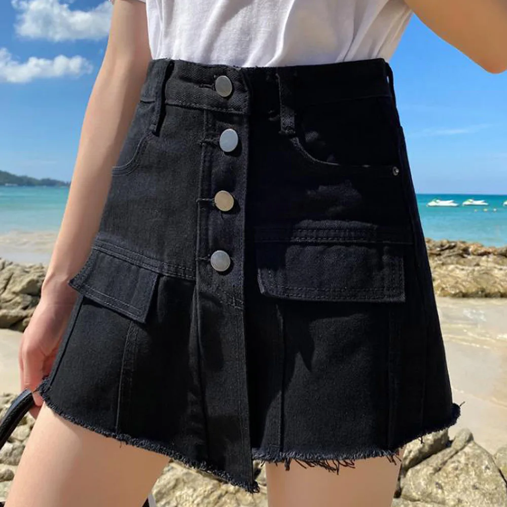 Women High Waisted Black Denim Shorts Skirts Vintage Buttons Up Ladies Summer Clothes Ripped Jeans Skirt Shorts Streetwear Shorts Aliexpress