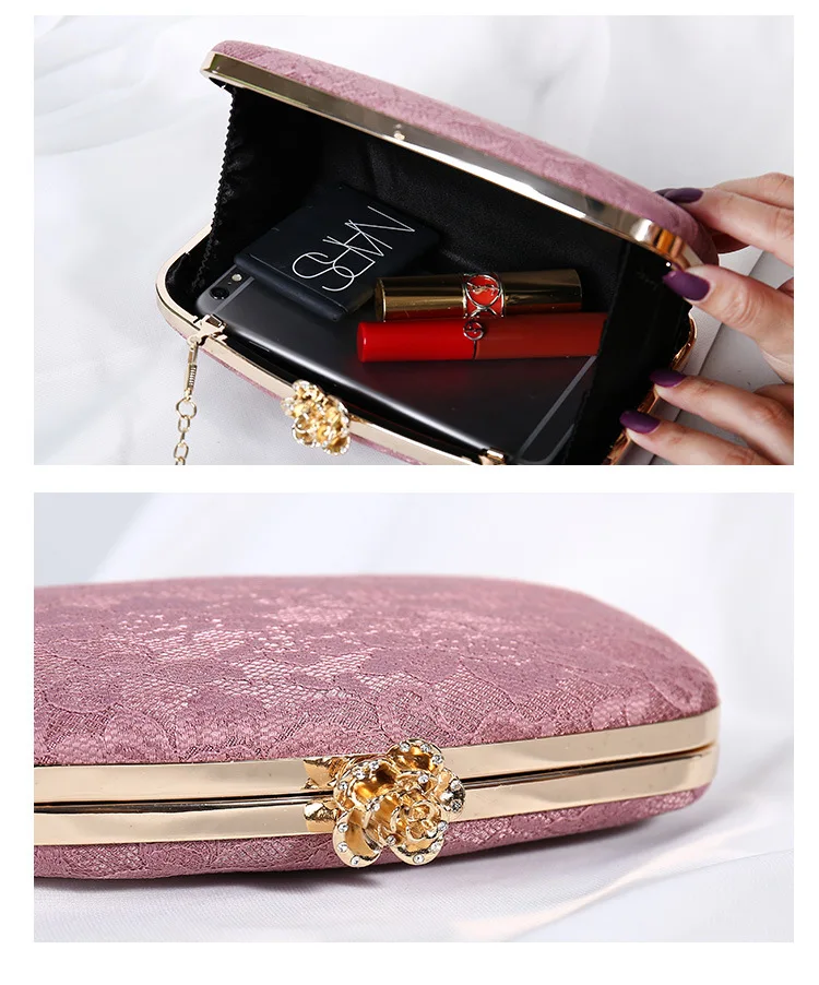 2022 Female Bag Lace Evening Clutch Purse Handbags Luxury Designer Metal Rose Button Shoulder Bag Chain Bride Wallet