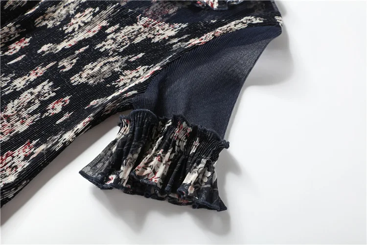 Mesh Patchwork Print Dress Pleated Short Sleeves Knee-Length O-Neck Women Dresses Autumn Plus Size Floral Elegant Dress