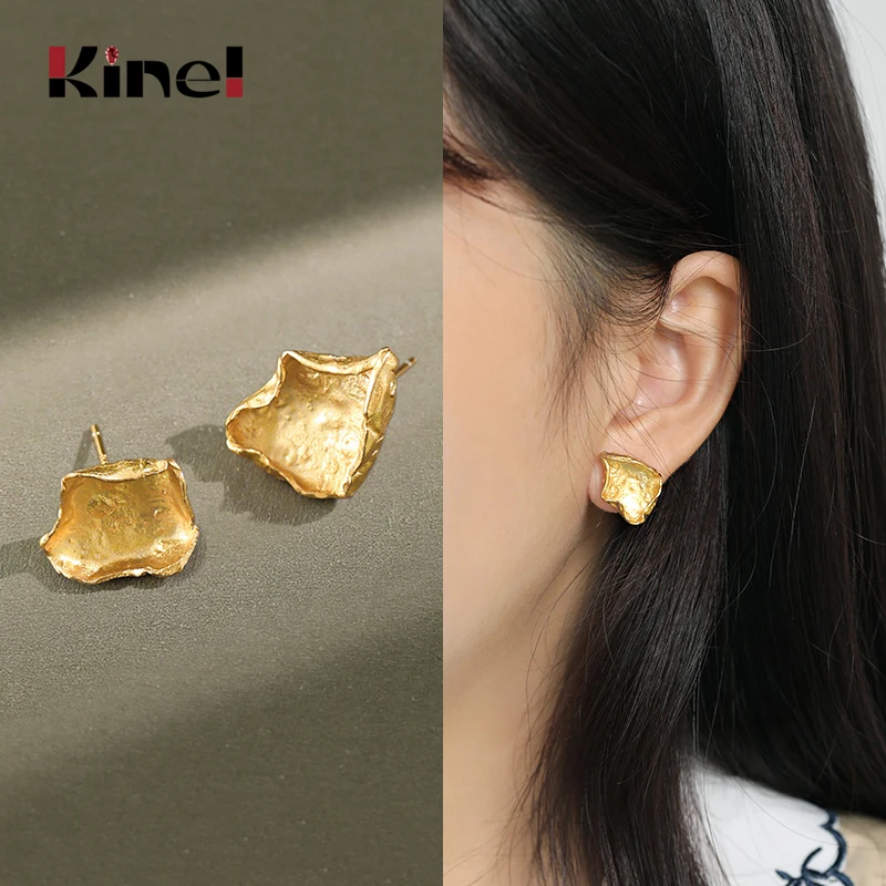 

Kinel 2020 NEW Earrings Korea 100% 925 Sterling Silver 18K Gold Asymmetry Stud Earrings High Quality Texture Womens Jewelry