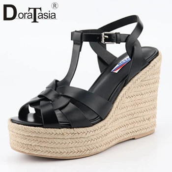 

DORATASIA Female Solid Open Toe Straw Heel Sandals Handmade Sandals Women Open Toe Wedges Fashion Party Shoes Woman