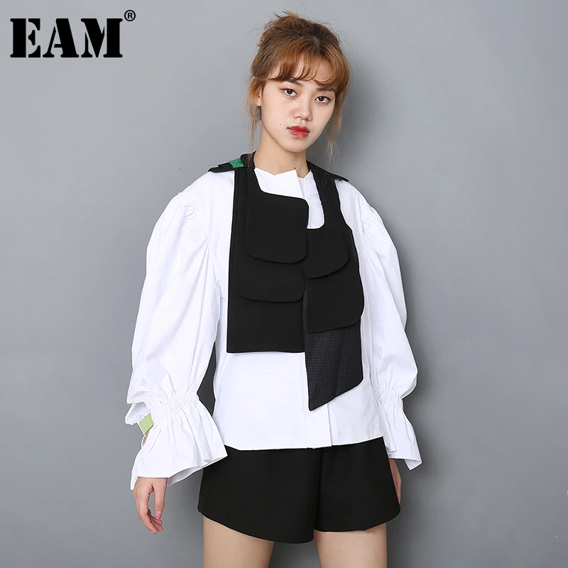 [EAM] Women White Irregular Stitch Big Size Blouse