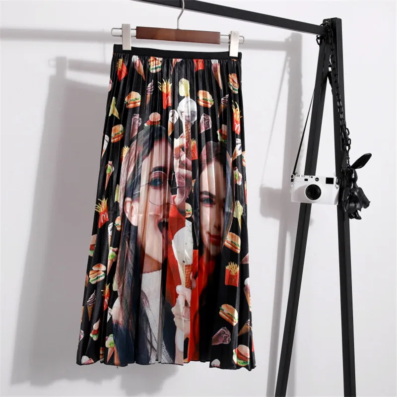 Новая зимняя Осенняя длинная юбка Женская Макси юбка с рисунком из мультфильма высокая эластичность плиссированные модные повседневные женские юбки с высокой талией
