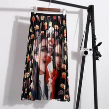 Новая зимняя Осенняя длинная юбка Женская Макси юбка с рисунком из мультфильма высокая эластичность плиссированные модные повседневные женские юбки с высокой талией