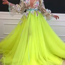 Феи цветы кружева выпускного вечера платья сексуальные v-образным вырезом суд Поезд Тюль длинное вечернее платье с рукавами