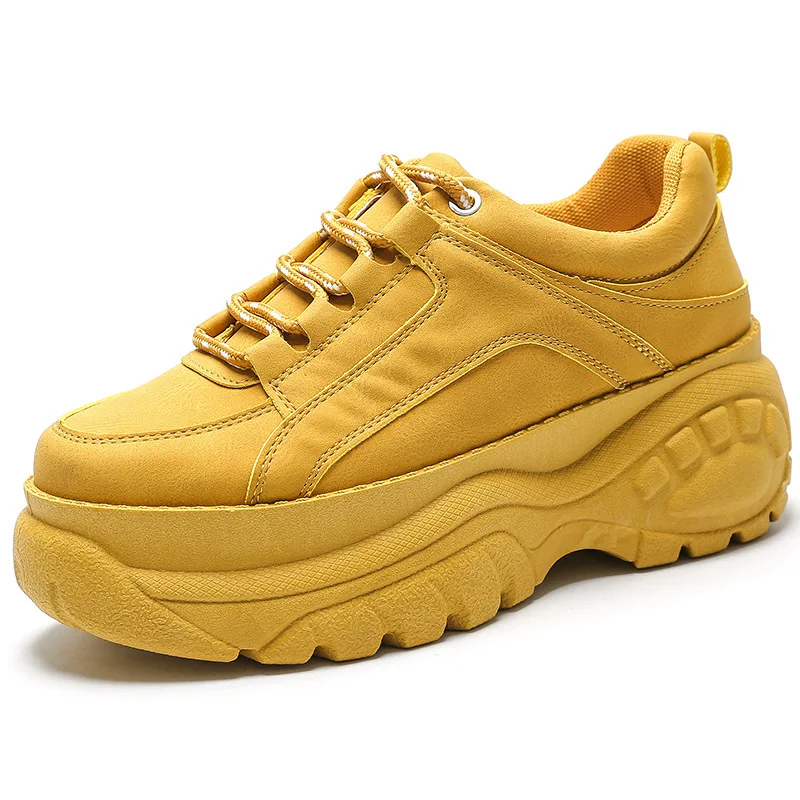 Женская обувь из вулканизированной кожи; сезон осень-зима; кроссовки на платформе со шнуровкой; женская модная повседневная обувь из водонепроницаемой кожи; Цвет белый; для женщин; VT604 - Цвет: dark yellow