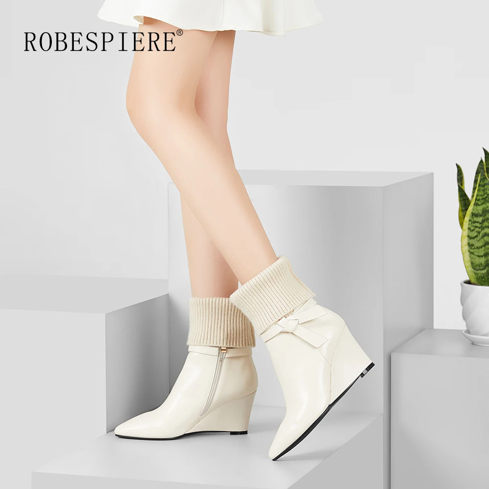 

ROBESPIERE Women Wedges Boots Natural Leather knitting Pointed Ankle Boots Women Winter Zippers Bowknot Design Western Shoes B86