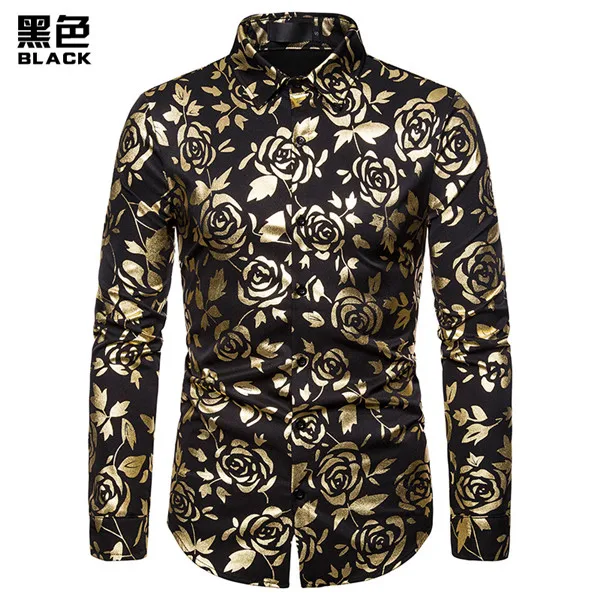 black Белая роза Цветочные бронзовая рубашка для ночного клуба мужские Chemise Homme Модные мужские s кнопки вниз платье рубашка свадебный смокинг рубашки XXL - Цвет: black