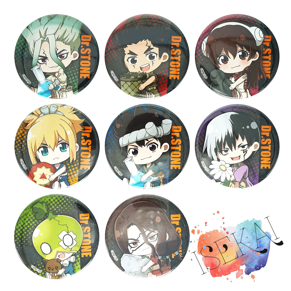 Dr.STONE значок аниме Ishigami Senku Kohaku хром Suika Taiju Oki Yuzuriha Ogawa Gen Tsukasa Shishio металлический