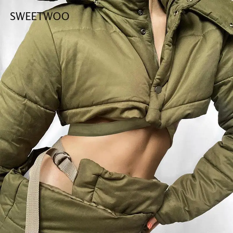 2021 Autumn and Winter New Women's Single-Breasted Hooded Cotton-Padded Jacket High Waist Bag Hip Skirt Casual Suit Women