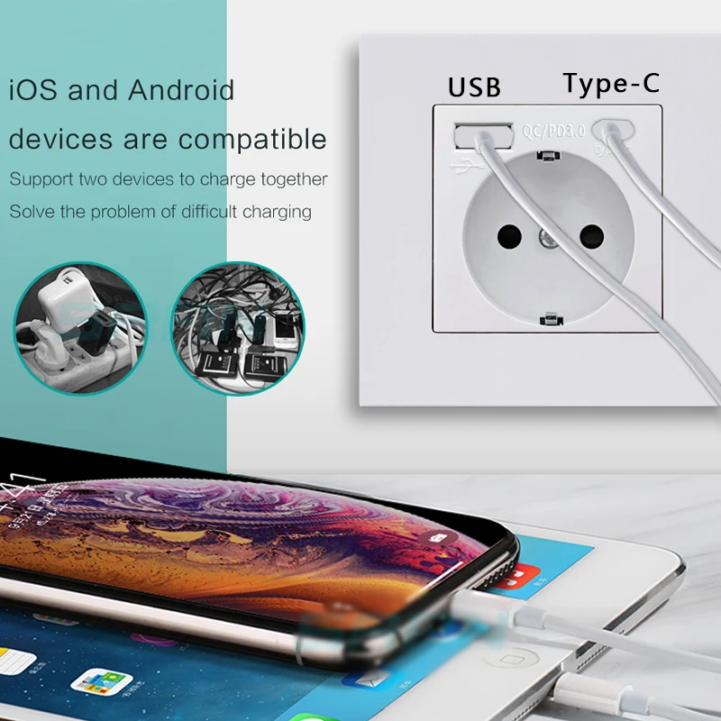QC3.0 USB Type C Pop розетка электрическая белая панель настенная быстрая зарядка PD