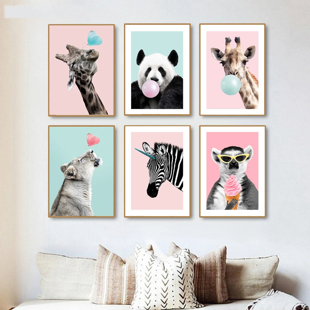 Baby-Nursery-Wall-Art-Cute-Cartoon-Animal-Pictures-Bubblegum-Giraffe-Panda-Posters-Zeabra-Canvas-Painting-For (2)