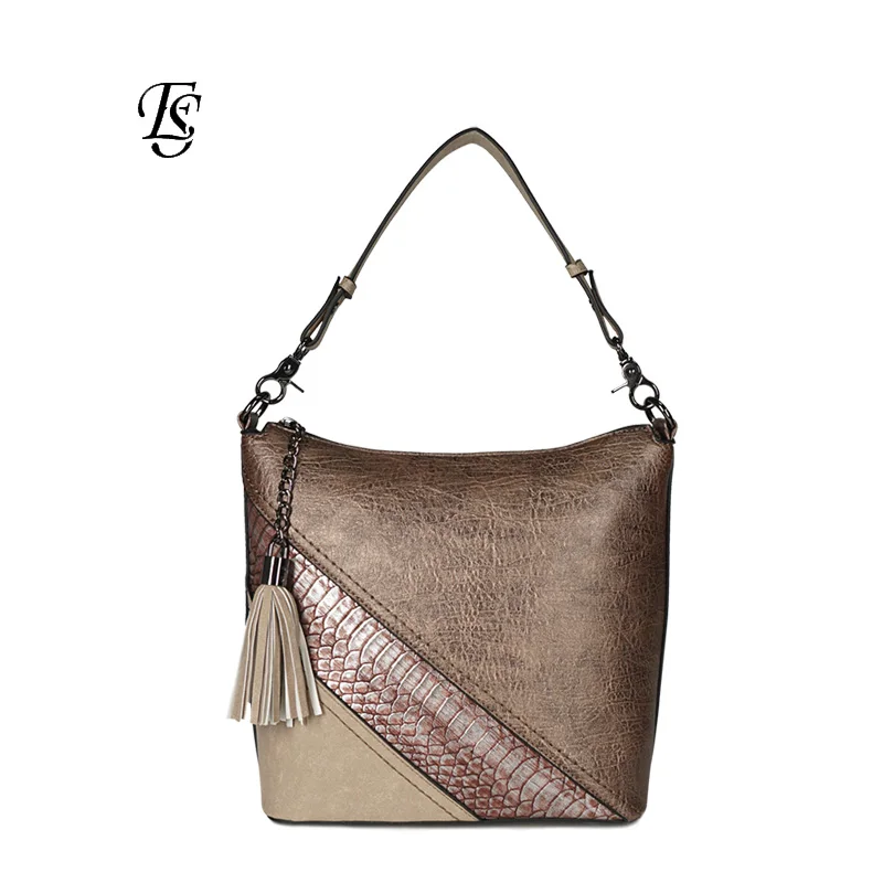 

ESHUNFA Women Shoulder Bag Hand Bag Three Texture Stitching Fabrics Metal Zipper Tasseled Zipper Large Capacity Interlayer More